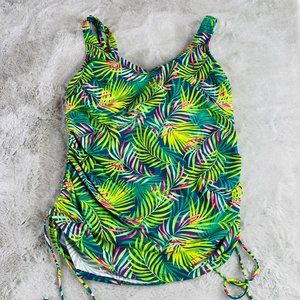 Lands End Tankini Swim Top Womens 4DD Underwire Baltic Teal Multi Palm Bathing